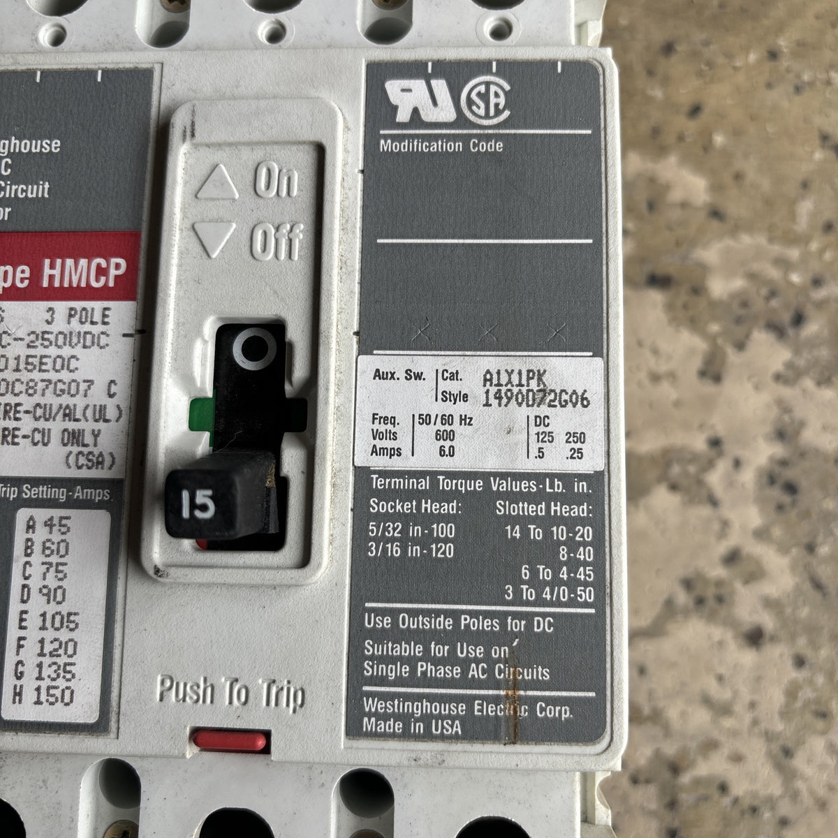 Westinghouse Circuit Breaker HMCP015E0C 15A 600V 3P HMCP2