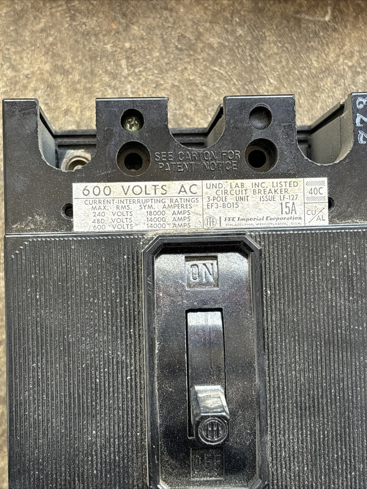 ITE EF3 B015Z Circuit Breaker, 15 Amp, 3 Pole, 600V AC1