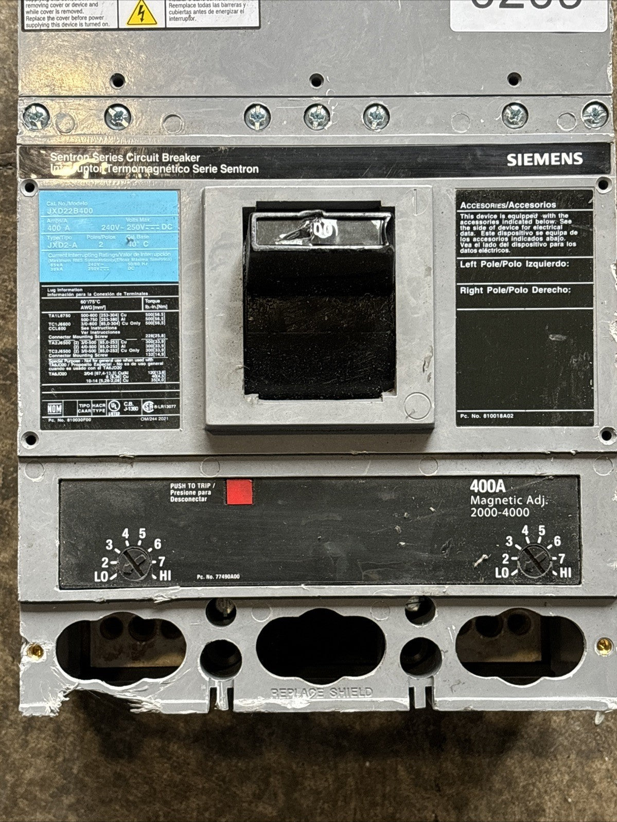 SIEMENS JXD22B400 SENTRON SERIES 400 AMP BREAKER2
