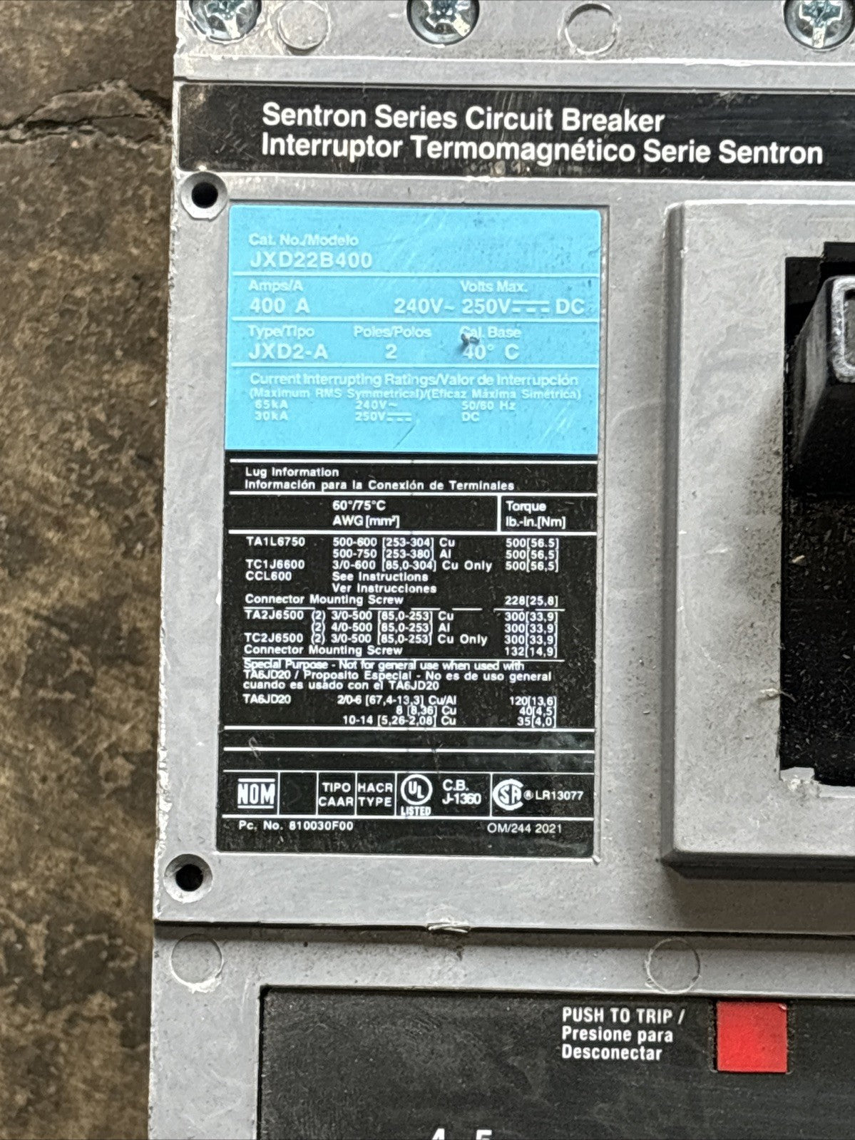 SIEMENS JXD22B400 SENTRON SERIES 400 AMP BREAKER1
