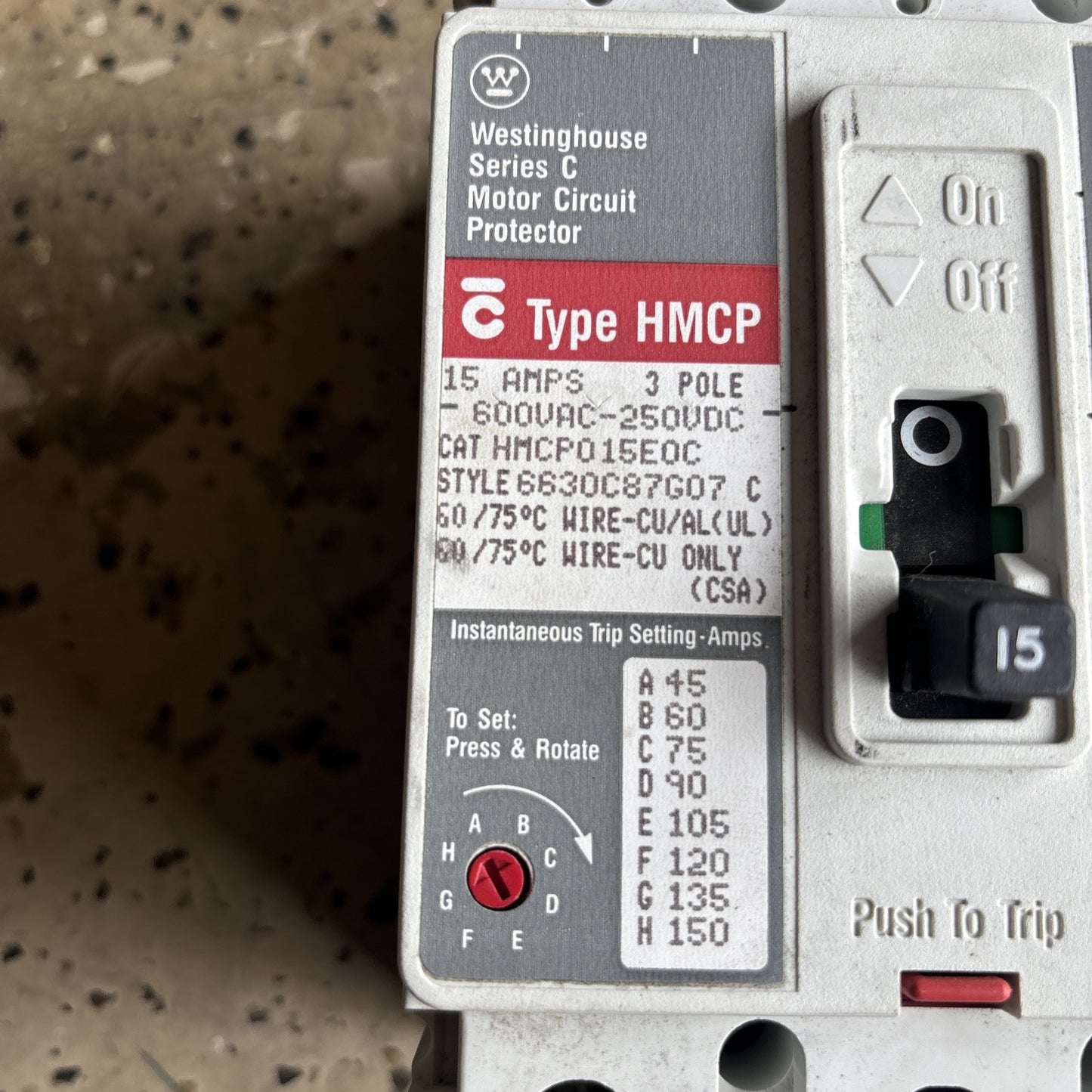 Westinghouse Circuit Breaker HMCP015E0C 15A 600V 3P HMCP1