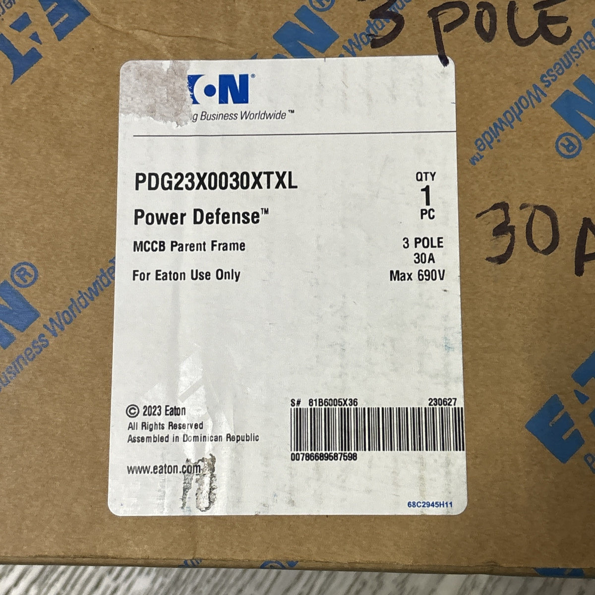 EATON PDG23X0030XTXL  3 Pole 690v Max 30A Circuit Breaker NEW1