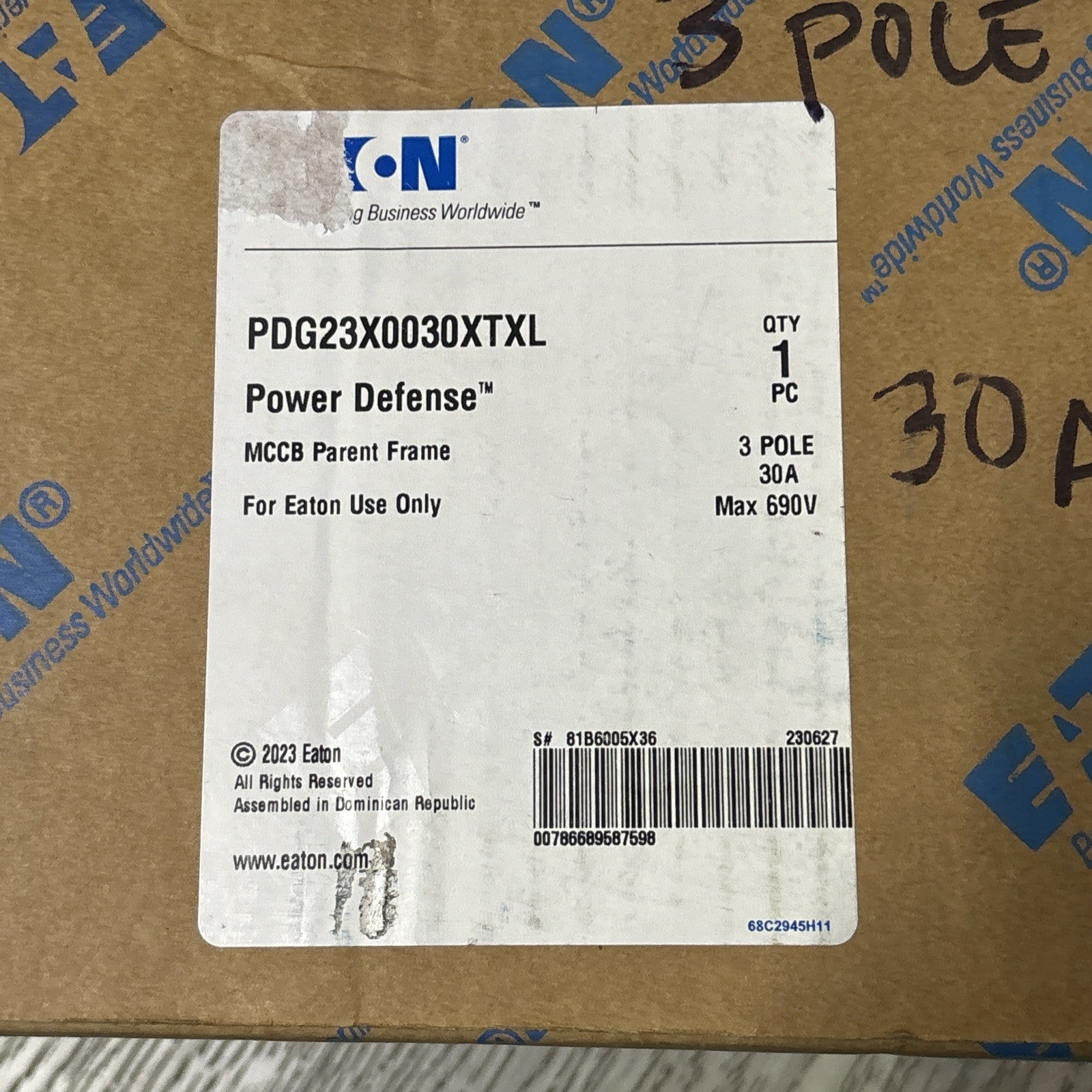 EATON PDG23X0030XTXL  3 Pole 690v Max 30A Circuit Breaker NEW1